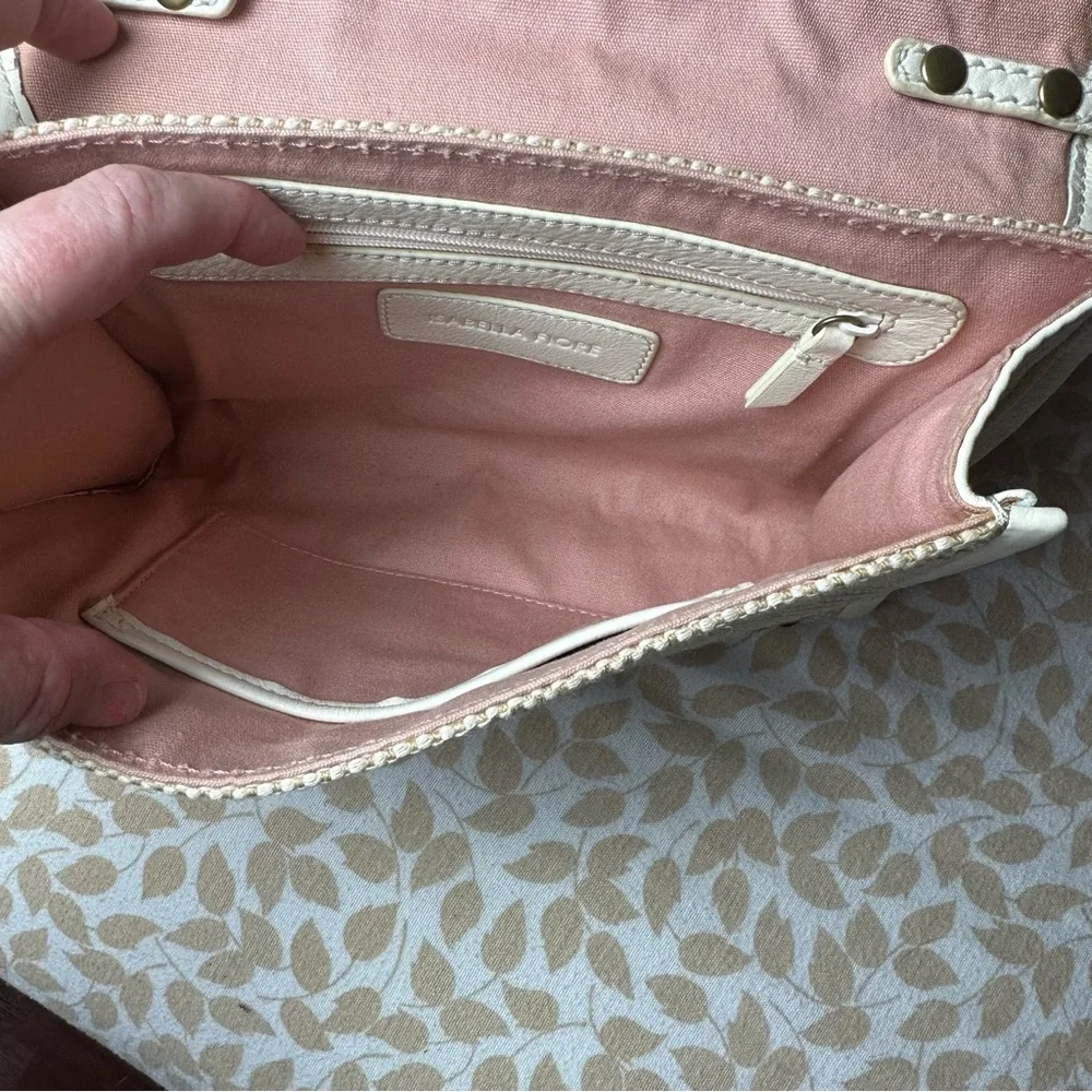 Isabella Fiore Cream Canvas With Black Embroidery Floral Flap‎ Crossbody Purse